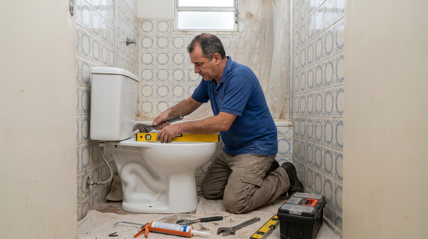 Técnico instalando vaso sanitário em Rio Verde‑GO